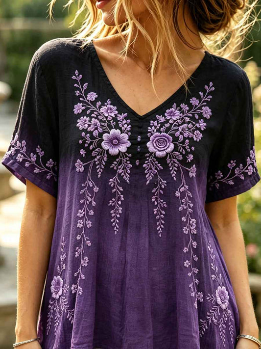 Women's Classy Floral Print Gradient Linen Short-sleeved T-shirt