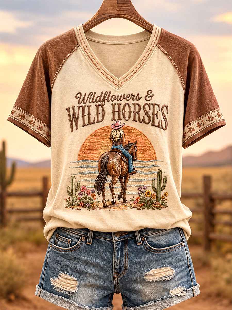 Women's Wildflowers & Wild Horses Print Casual V-Neck Tee