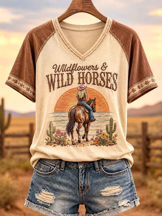 Women's Wildflowers & Wild Horses Print Casual V-Neck Tee