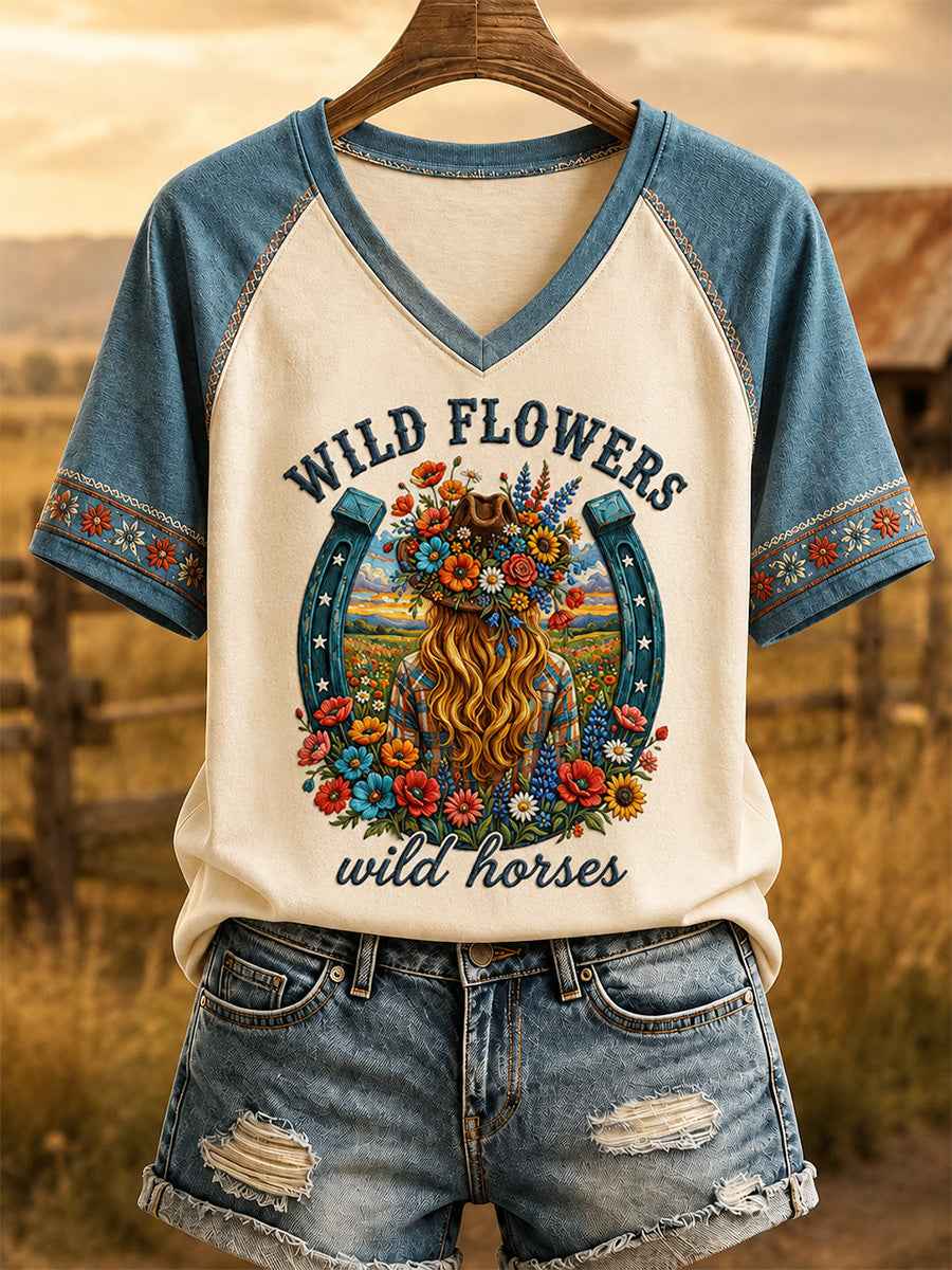 Women's Wildflowers & Wild Horses Print Casual V-Neck Tee