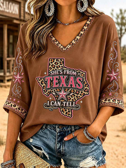 Women's She's From Texas I Can Tell Print Casual V-Neck Tee