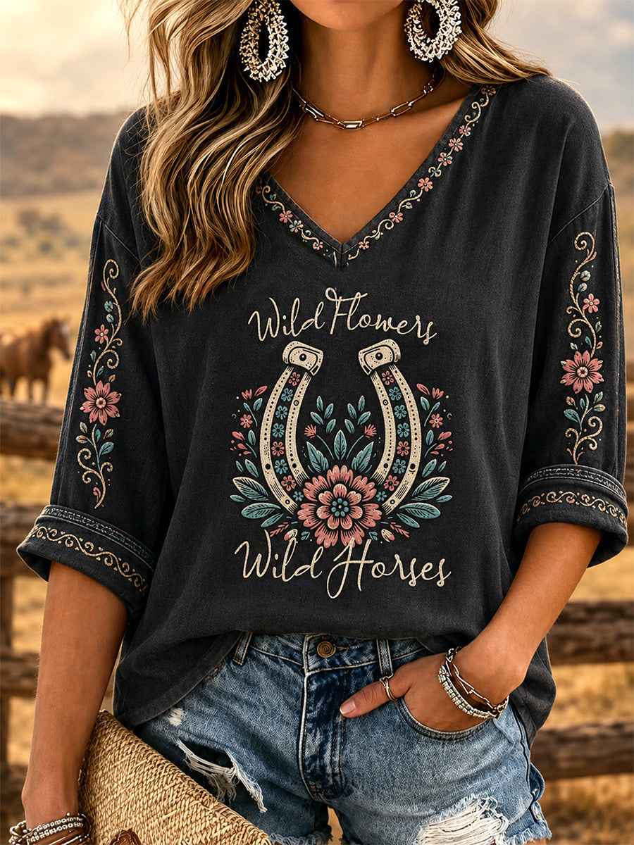 Women's Wildflowers & Wild Horses Print Casual V-Neck Tee