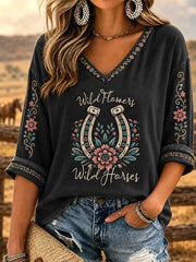 Women's Wildflowers & Wild Horses Print Casual V-Neck Tee