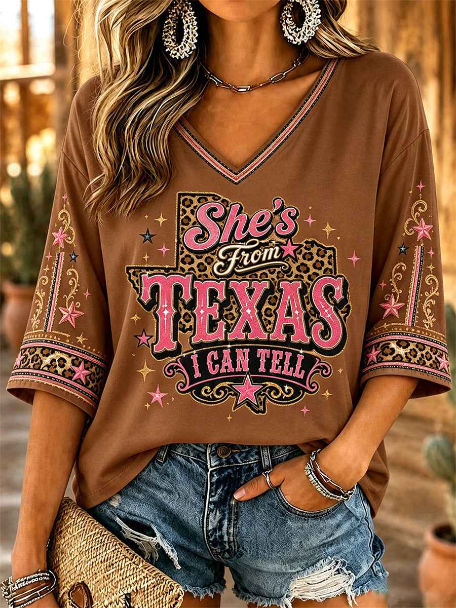 Women's She's From Texas I Can Tell Print Casual V-Neck Tee