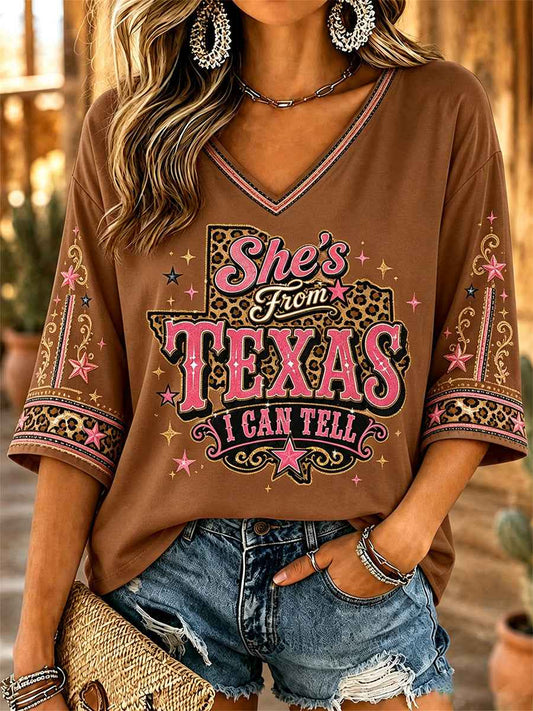 Women's She's From Texas I Can Tell Print Casual V-Neck Tee