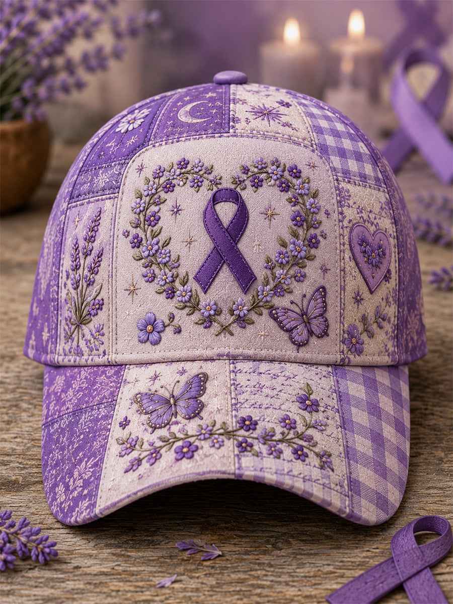 Unisex Patchwork Purple Floral & Butterfly Print Alzheimer's Awareness Support Hat
