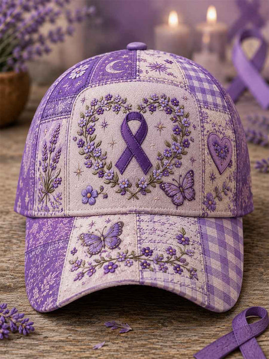 Unisex Patchwork Purple Floral & Butterfly Print Alzheimer's Awareness Support Hat