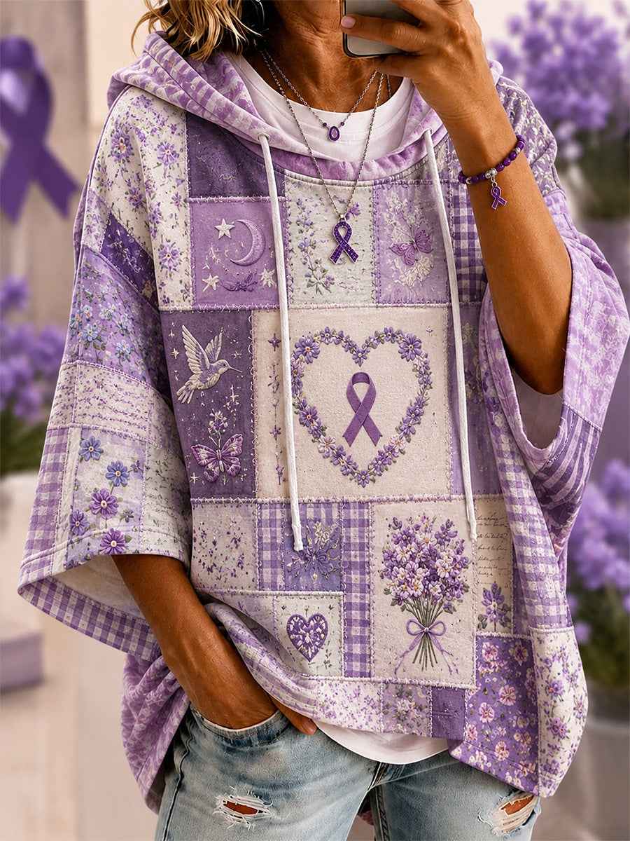 Women's Patchwork Purple Floral & Hummingbird Print Alzheimer's Awareness Support Casual Short-Sleeve Hoodie