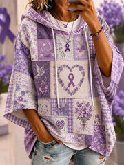 Women's Patchwork Purple Floral & Hummingbird Print Alzheimer's Awareness Support Casual Short-Sleeve Hoodie