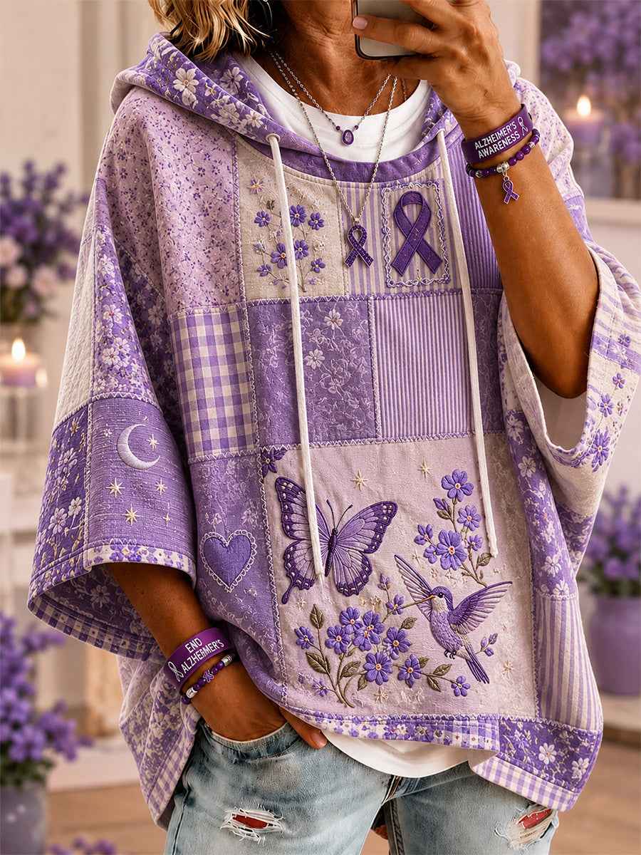 Women's Patchwork Purple Floral & Hummingbird & Butterfly Print Alzheimer's Awareness Support Casual Short-Sleeve Hoodie