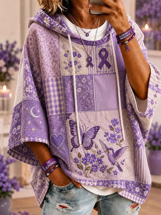 Women's Patchwork Purple Floral & Hummingbird & Butterfly Print Alzheimer's Awareness Support Casual Short-Sleeve Hoodie