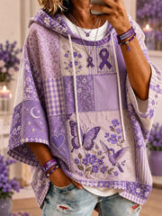 Women's Patchwork Purple Floral & Hummingbird & Butterfly Print Alzheimer's Awareness Support Casual Short-Sleeve Hoodie