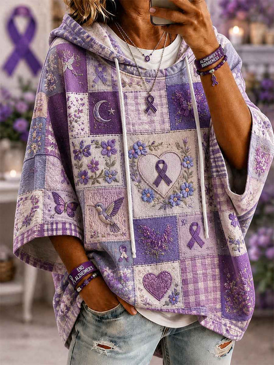 Women's Patchwork Purple Floral & Hummingbird Print Alzheimer's Awareness Support Casual Short-Sleeve Hoodie