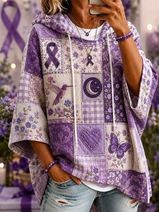 Women's Patchwork Purple Floral & Hummingbird & Butterfly Print Alzheimer's Awareness Support Casual Short-Sleeve Hoodie