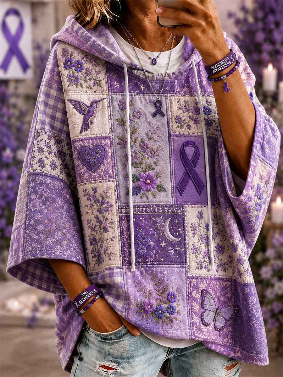 Women's Patchwork Purple Floral & Hummingbird & Butterfly Print Alzheimer's Awareness Support Casual Short-Sleeve Hoodie