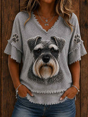 Women's Cute Miniature Schnauzer Art Cotton-Linen Shirt