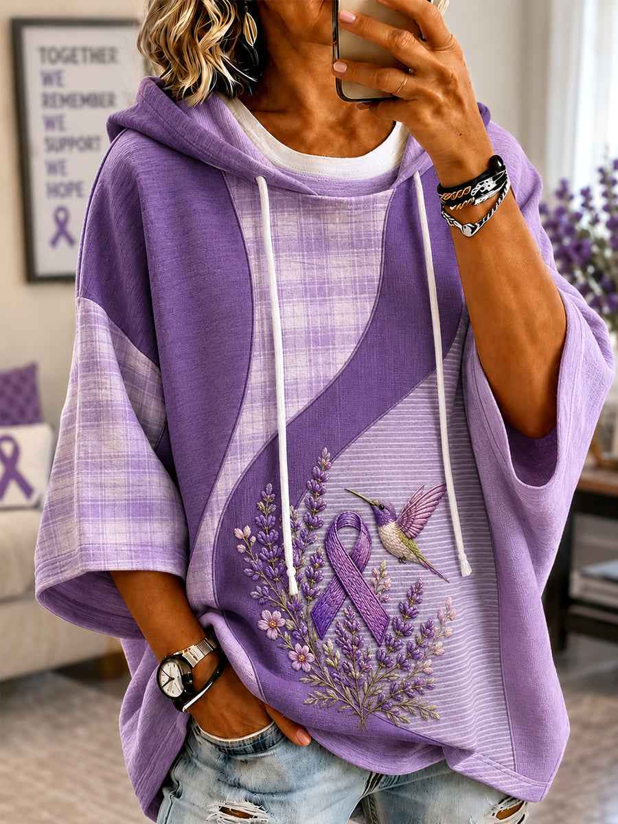 Women's Patchwork Purple Floral & Hummingbird Print Alzheimer's Awareness Support Casual Short-Sleeve Hoodie