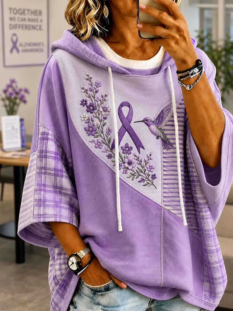 Women's Patchwork Purple Floral & Hummingbird Print Alzheimer's Awareness Support Casual Short-Sleeve Hoodie