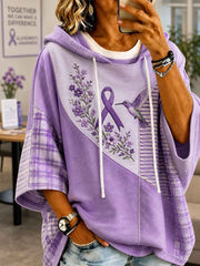 Women's Patchwork Purple Floral & Hummingbird Print Alzheimer's Awareness Support Casual Short-Sleeve Hoodie