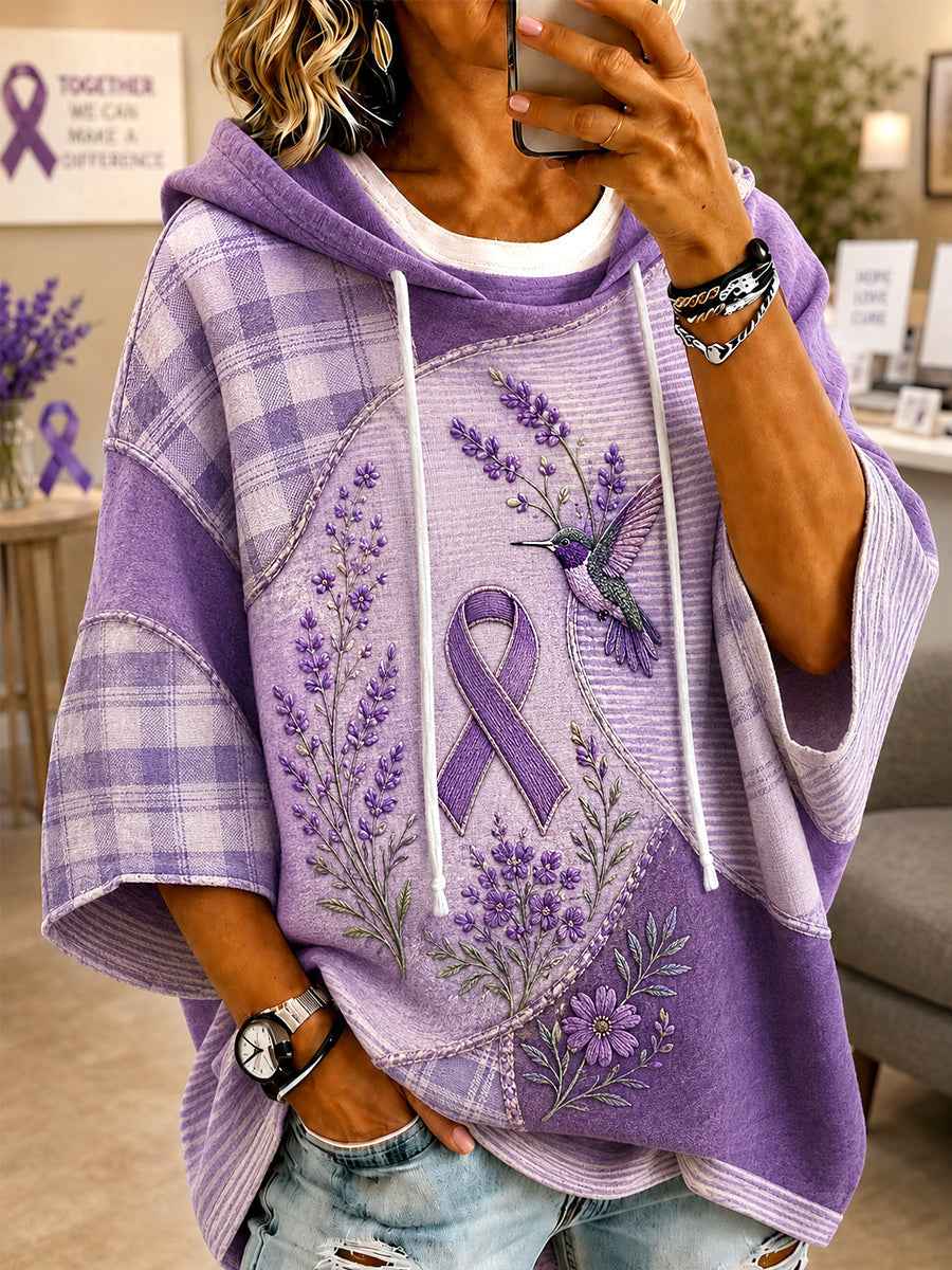 Women's Patchwork Purple Floral & Hummingbird Print Alzheimer's Awareness Support Casual Short-Sleeve Hoodie