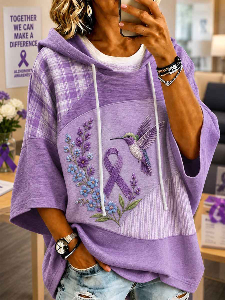 Women's Patchwork Purple Floral & Hummingbird Print Alzheimer's Awareness Support Casual Short-Sleeve Hoodie