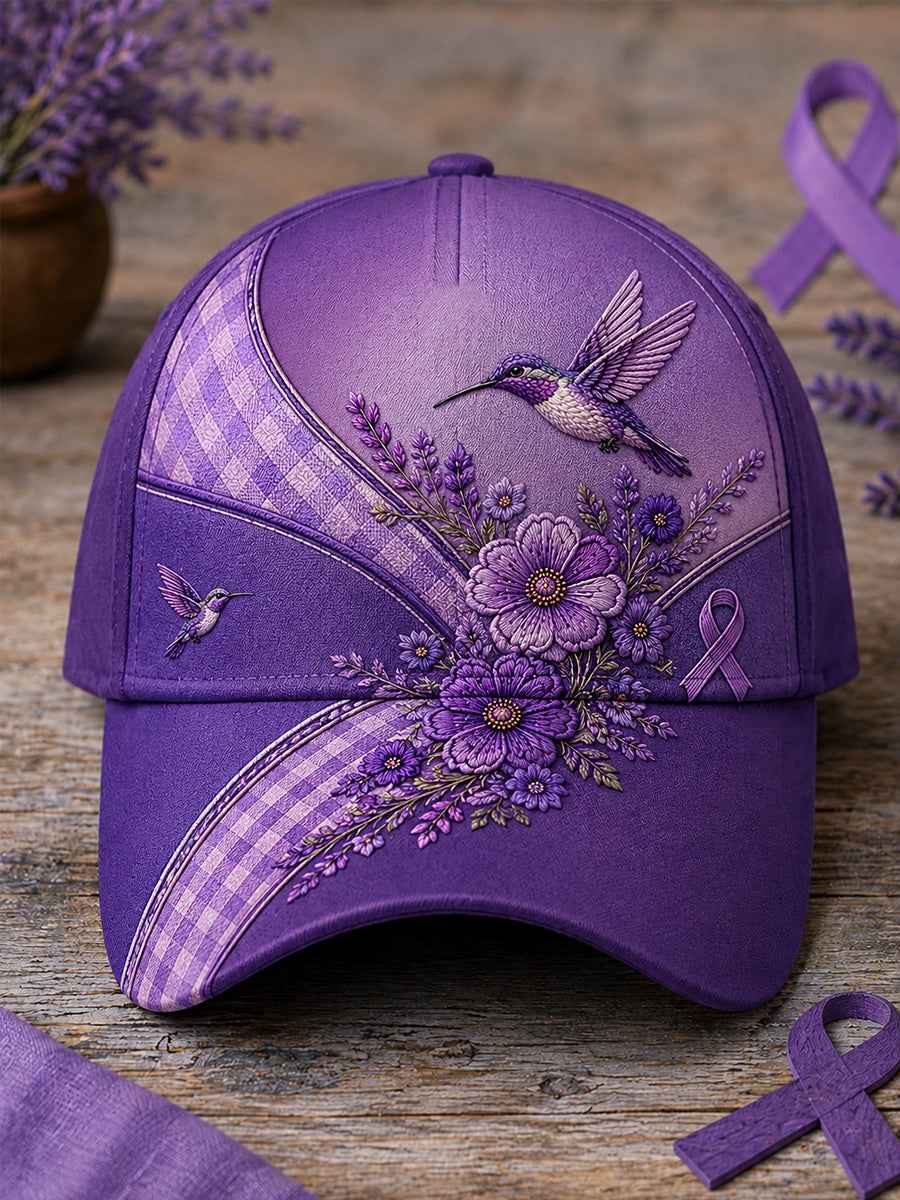 Unisex Patchwork Purple Floral & Hummingbird Print Alzheimer's Awareness Support Hat