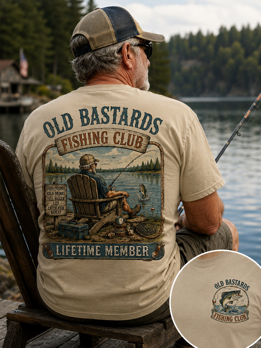 Men's Funny Old Bastards Fishing Club Lifetime Member Print Casual Tee gracestitchs