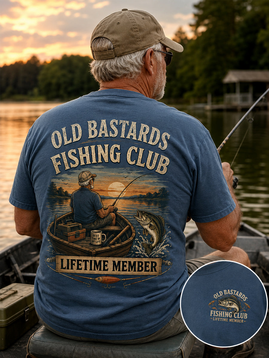Men's Funny Old Bastards Fishing Club Lifetime Member Print Casual Tee gracestitchs