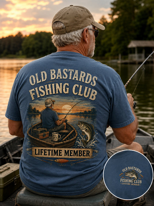 Men's Funny Old Bastards Fishing Club Lifetime Member Print Casual Tee gracestitchs