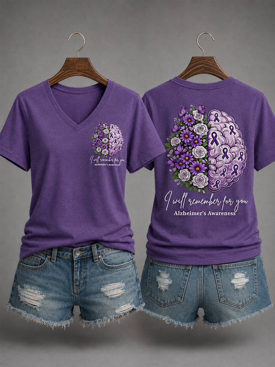 Women's Purple Ribbon I Will Remember For You Alzheimer's Awareness Support V-Neck Tee gracestitchs