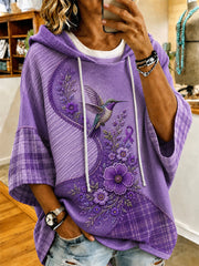 Women's Purple Floral & Hummingbird Print Alzheimer's Awareness Support Short-Sleeve Hoodie gracestitchs