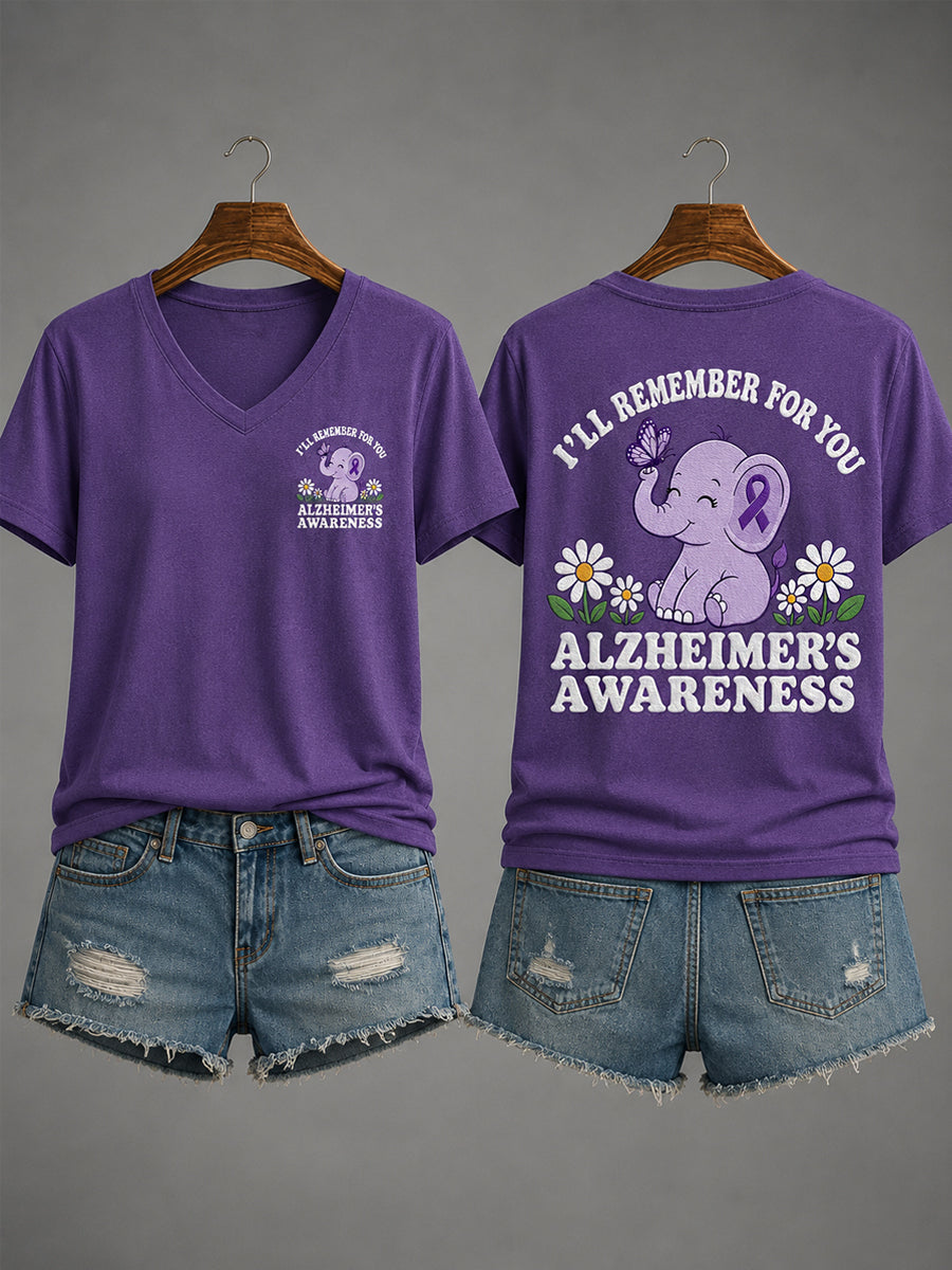 Women's Purple Ribbon Elephant I Will Remember For You Alzheimer's Awareness Support V-Neck Tee gracestitchs