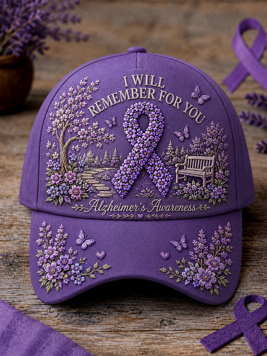 Unisex Purple Ribbon I Will Remember For You Print Alzheimer's Awareness Support  Hat gracestitchs