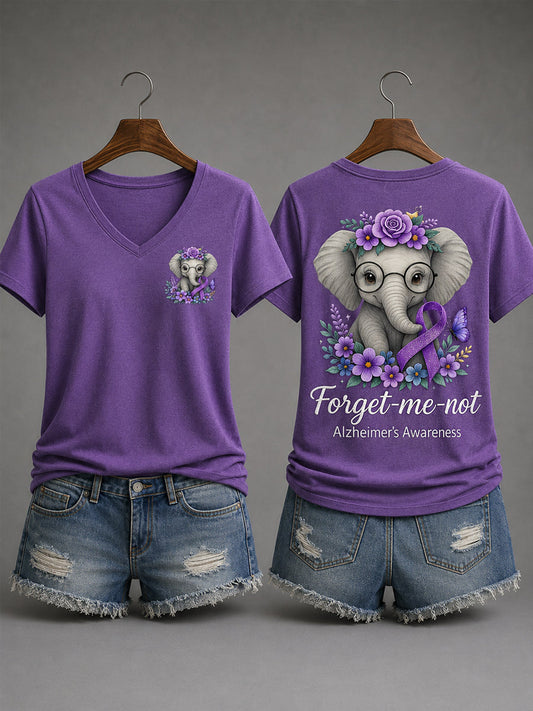 Women's Purple Ribbon Elephant Forget-Me-Not Alzheimer's Awareness Support V-Neck Tee gracestitchs