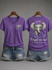 Women's Purple Ribbon Elephant Forget-Me-Not Alzheimer's Awareness Support V-Neck Tee gracestitchs