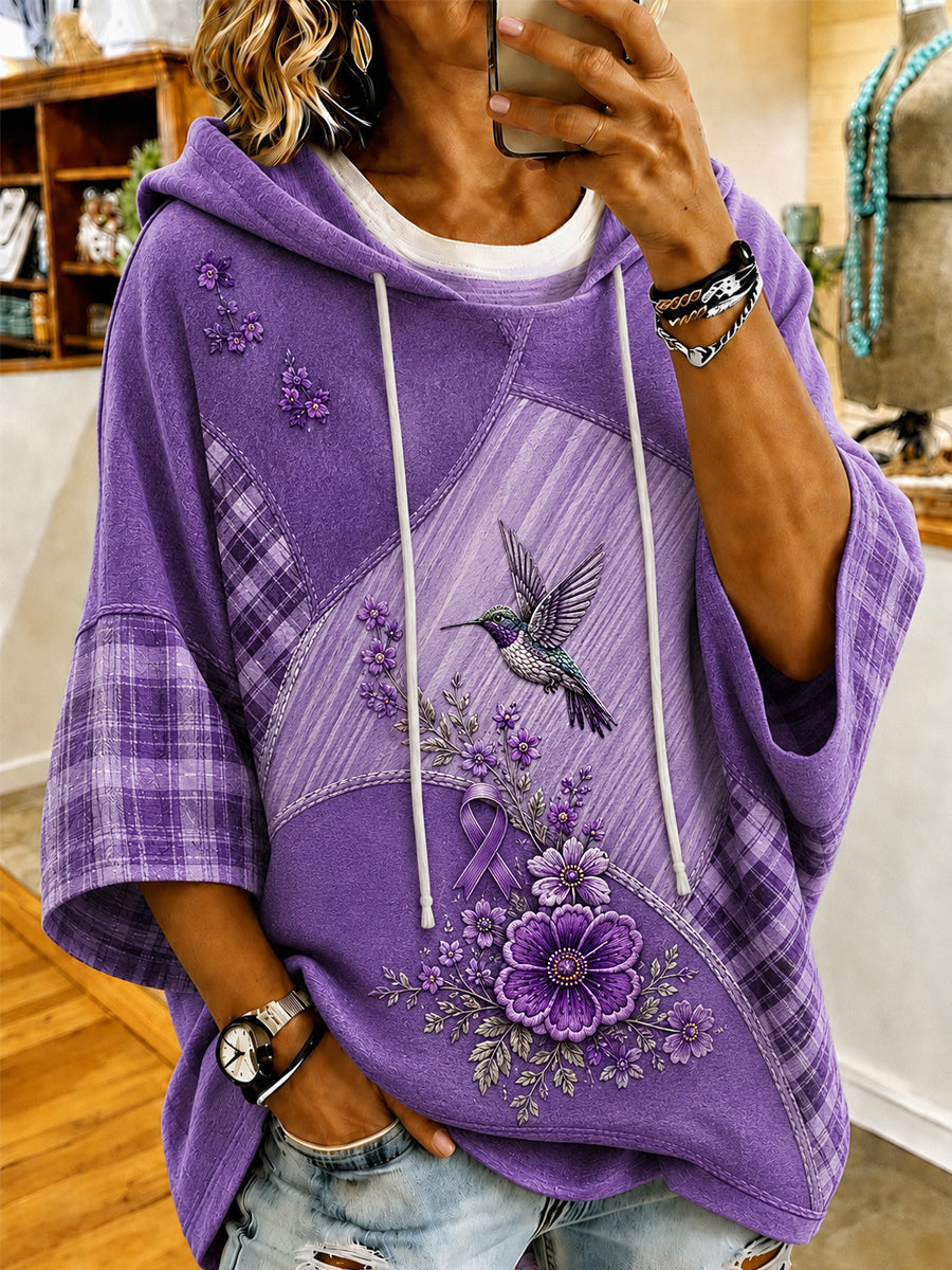 Women's Purple Floral & Hummingbird Print Alzheimer's Awareness Support Short-Sleeve Hoodie gracestitchs