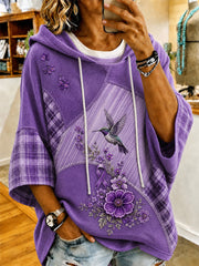 Women's Purple Floral & Hummingbird Print Alzheimer's Awareness Support Short-Sleeve Hoodie gracestitchs