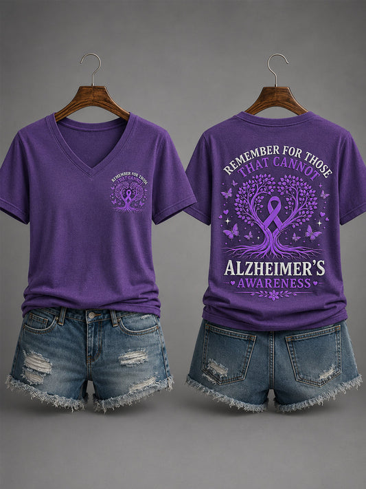 Women's Purple Ribbon Remember For Those Who Cannot Alzheimer's Awareness Support V-Neck Tee gracestitchs