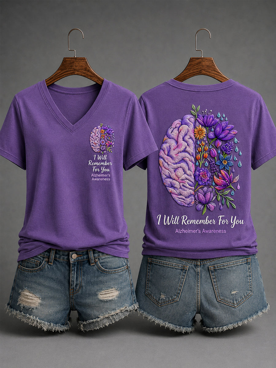 Women's Purple Ribbon I Will Remember For You Alzheimer's Awareness Support V-Neck Tee gracestitchs