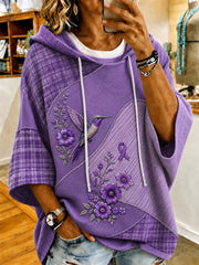 Women's Purple Floral & Hummingbird Print Alzheimer's Awareness Support Short-Sleeve Hoodie gracestitchs