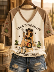 Women's I Do A Thing Called What I Want Print Casual V-Neck Tee gracestitchs