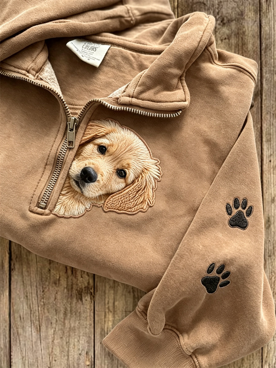 Women's Peeking Golden Retriever Dog & Paw Prints Zip Up Sweatshirt gracestitchs