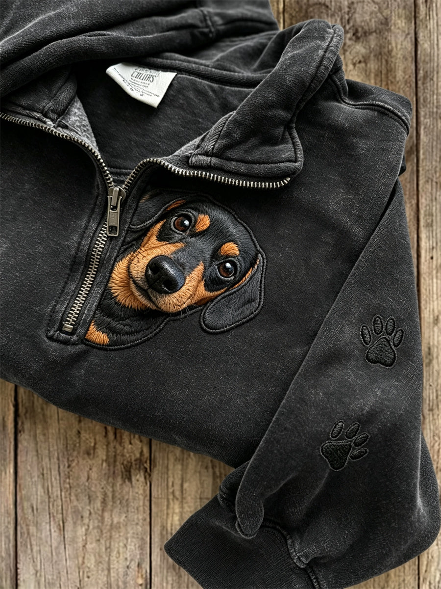 Women's Peeking Dachshund Dog & Paw Prints Zip Up Sweatshirt gracestitchs