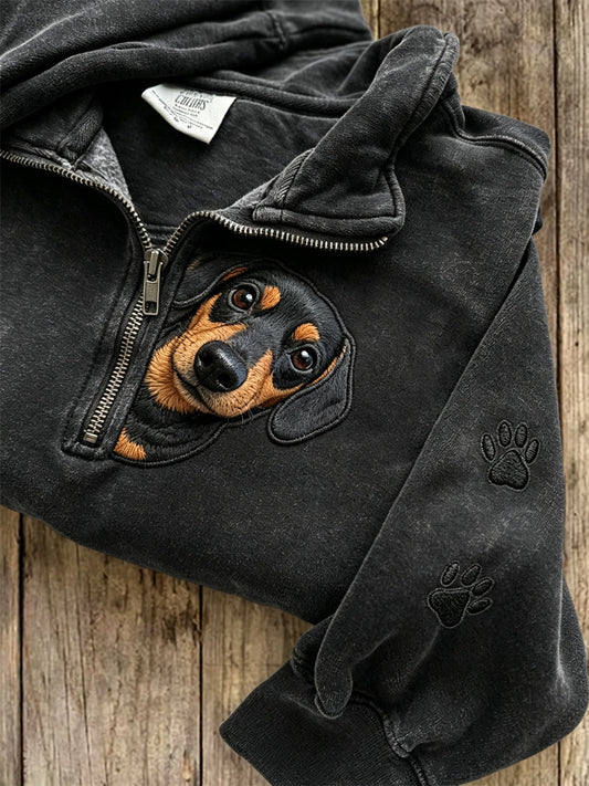 Women's Peeking Dachshund Dog & Paw Prints Zip Up Sweatshirt gracestitchs