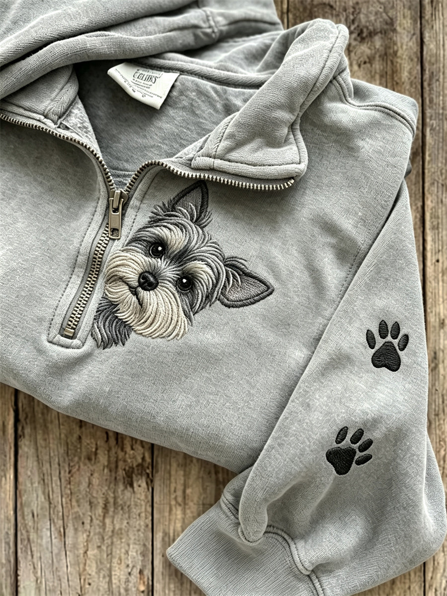 Women's Peeking Schnauzer Dog & Paw Prints Zip Up Sweatshirt gracestitchs