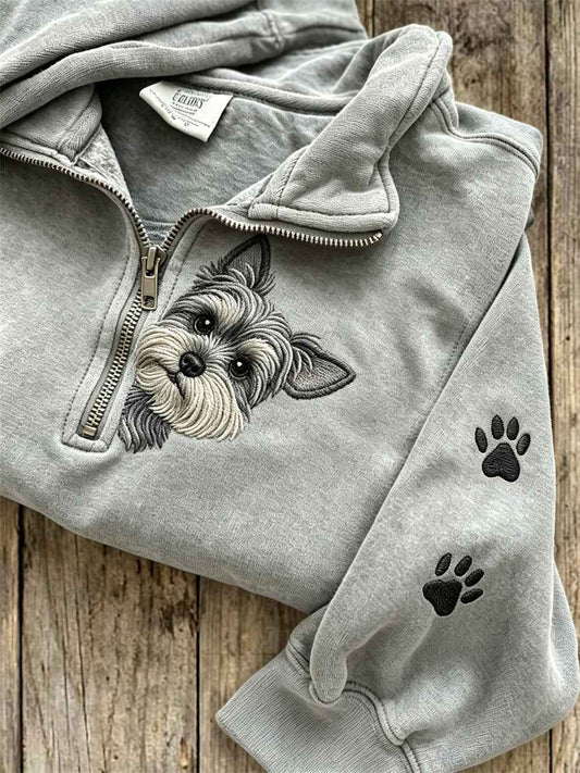 Women's Peeking Schnauzer Dog & Paw Prints Zip Up Sweatshirt