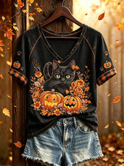 Women's Fall Halloween Cute Animal Pattern Printed Casual Short Sleeve T-Shirt gracestitchs