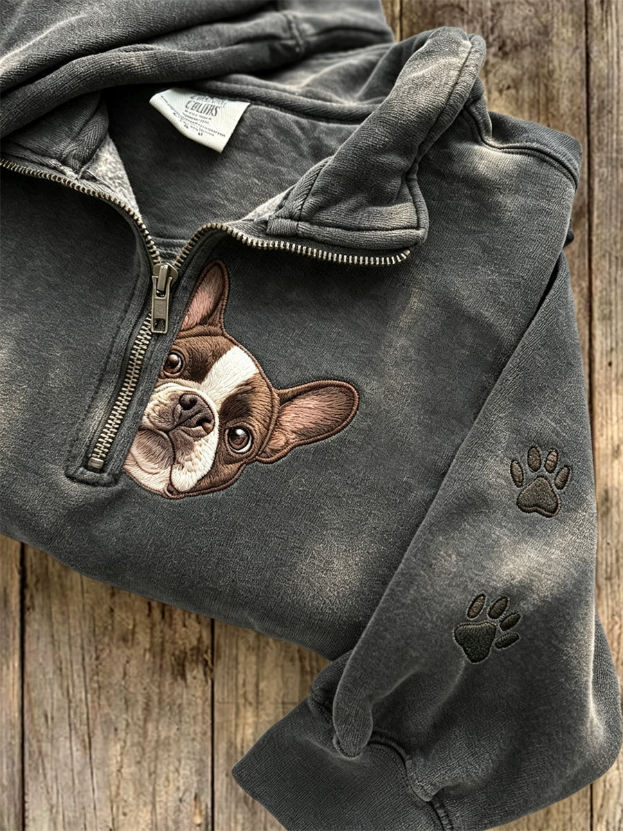 Women's Peeking French Bulldog & Paw Prints Zip Up Sweatshirt gracestitchs