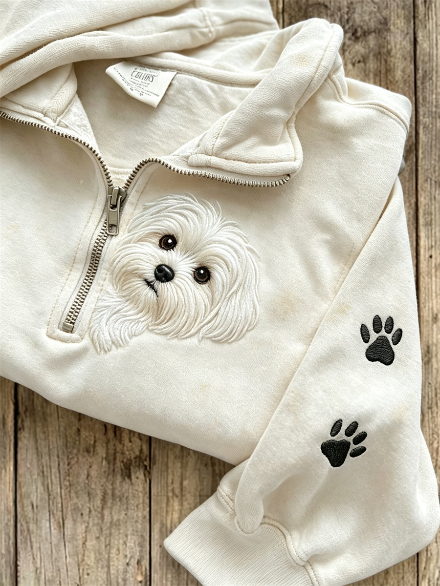 Women's Peeking Maltese Dog & Paw Prints Zip Up Sweatshirt gracestitchs
