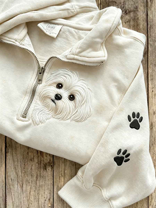 Women's Peeking Maltese Dog & Paw Prints Zip Up Sweatshirt